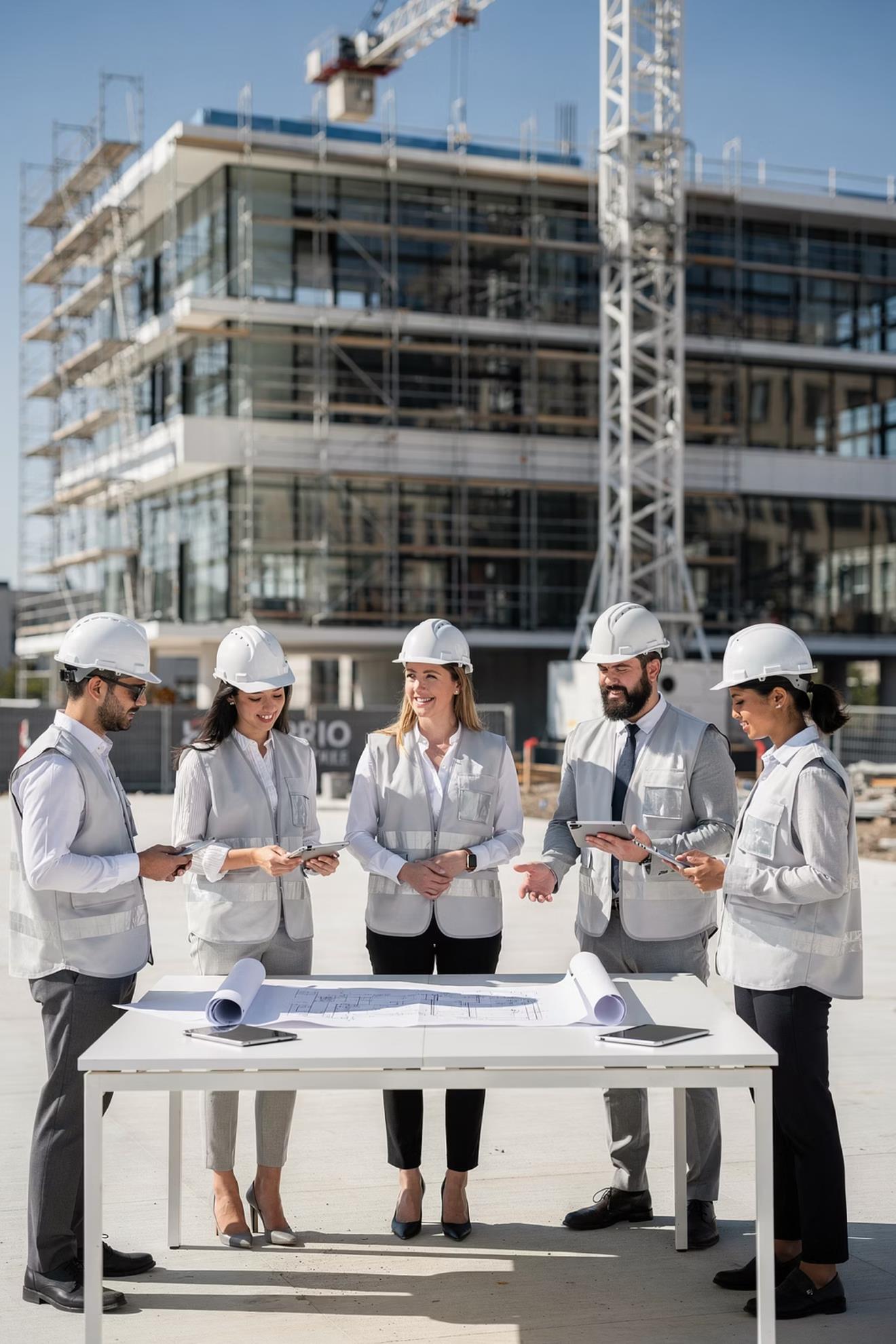 Construction management team reviewing plans at an active project site